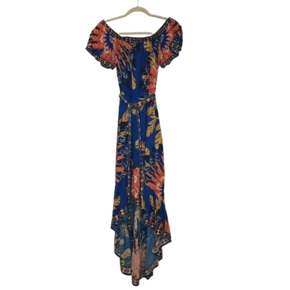 Flying Tomato Blue Floral High-Low Dress Size L Elastic Neck On/Off Shoulder - Picture 2 of 10